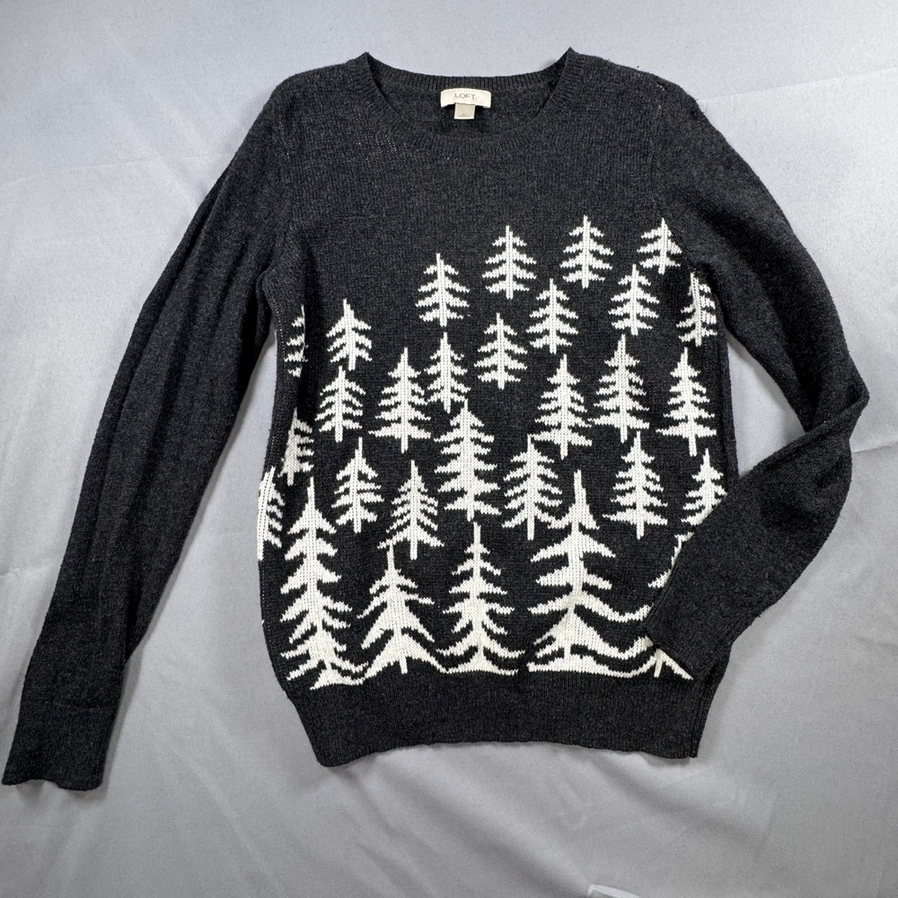 LOFT Womens M Gray White Evergreen Tree Knit Sweater Crew Neck Holiday Christmas